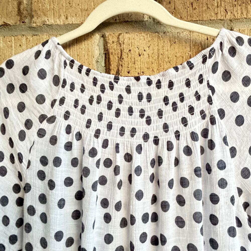 White Black Polka Dot Smocked Peasant Blouse Womens Small Boho Ruffle Sleeve - Picture 5 of 9